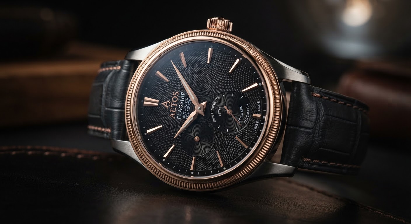Close up dramatic macro photograph of a luxury Swiss chronometer watch with guilloche patterned black dial, rose gold fluted bezel, polished faceted dauphine hands, and sapphire crystal reflecting moody ambient studio lighting in deep obsidian and bronze shadows