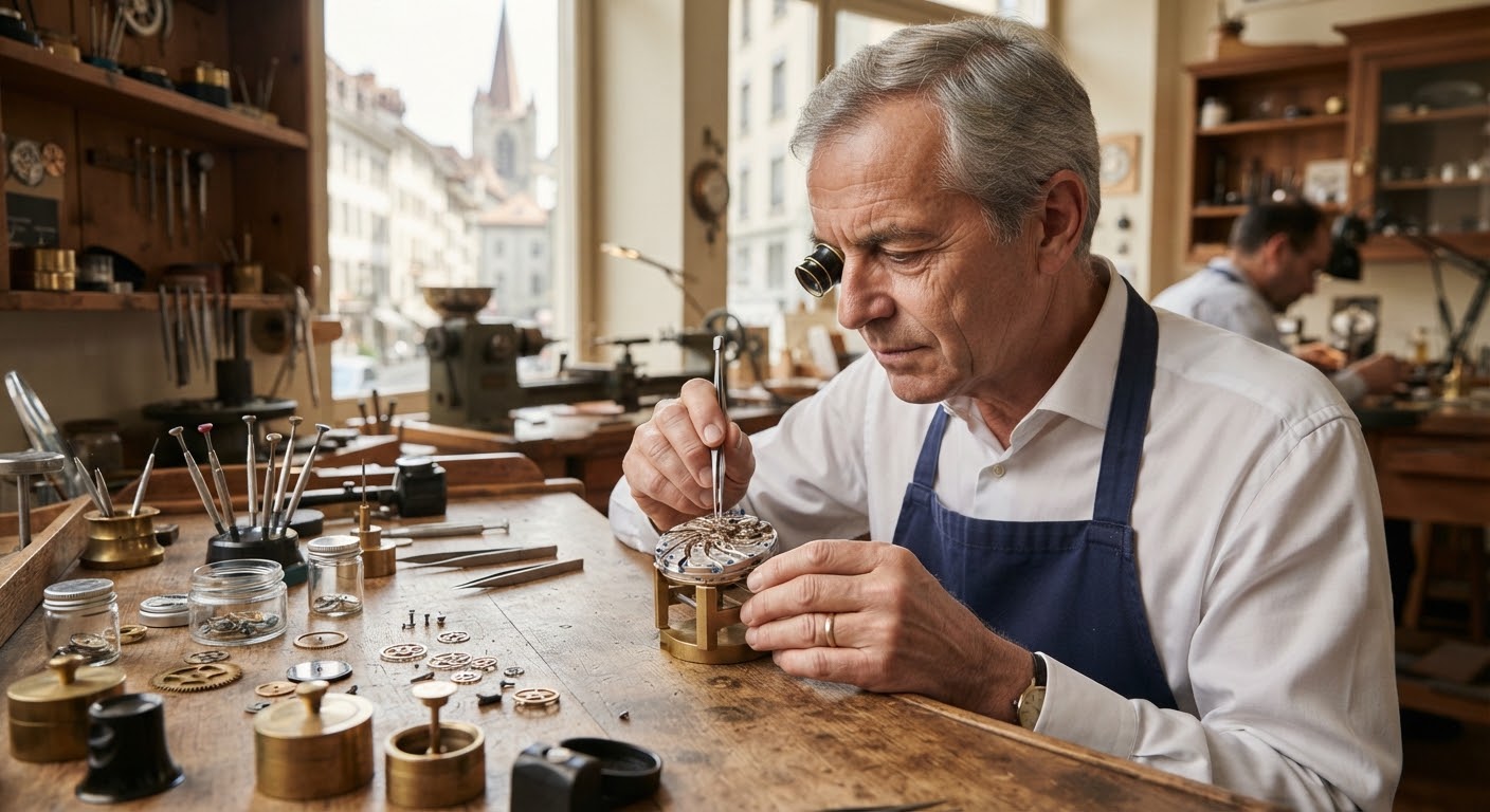 Senior master horologist wearing an eye loupe in a sunlit wooden watchmakers atelier in Geneva, carefully examining intricate balance wheel and escapement movement using fine tweezers surrounded by micro tools, brass oils, and disassembled watch components
