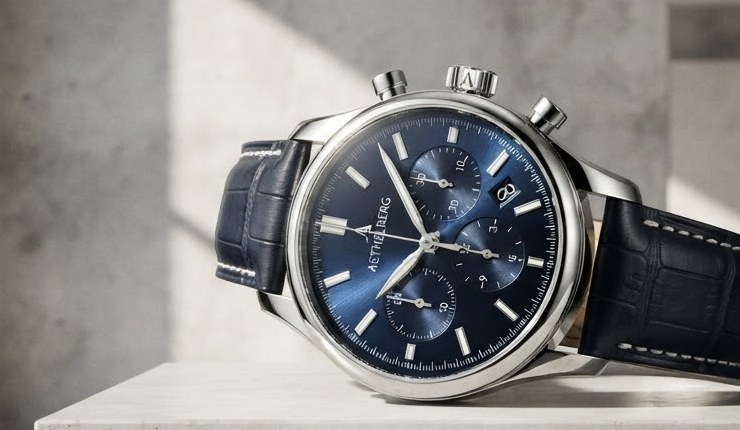 Luxury mens mechanical wristwatch with stainless steel case, midnight blue dial, chronograph sub-dials, and hand-stitched alligator leather strap presented in a modern editorial studio setting with dramatic architectural light