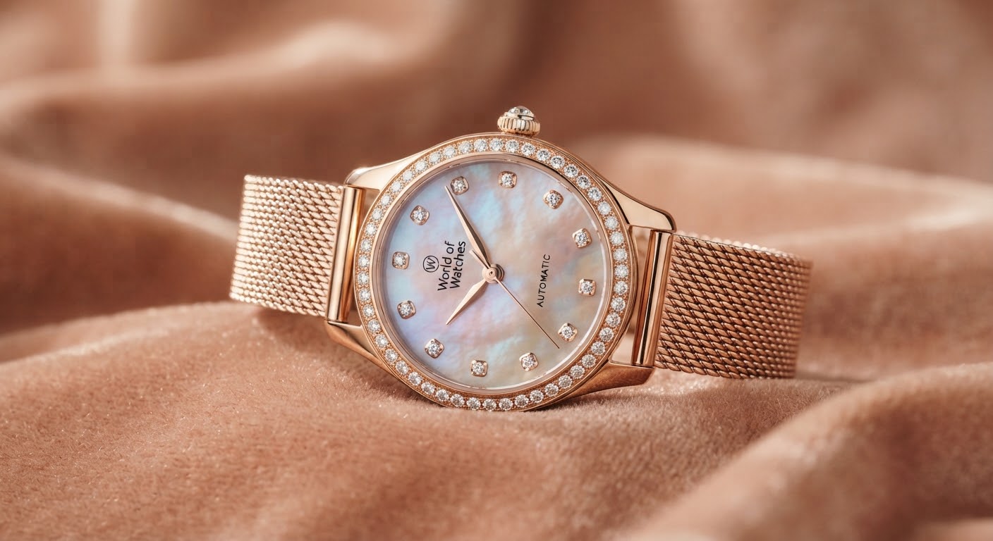 Exquisite womens luxury jewelry watch with rose gold mesh bracelet, mother of pearl shimmering dial, diamond hour indices, and diamond set bezel photographed in warm diffused studio glow with velvet textures