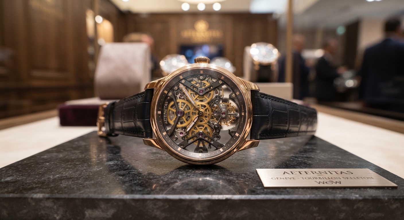 Haute horlogerie skeleton watch exposing intricate golden gear trains, tourbillon carriage, and titanium bridges, lit from above on polished dark basalt stone in an ultra luxurious Genevan watch fair style