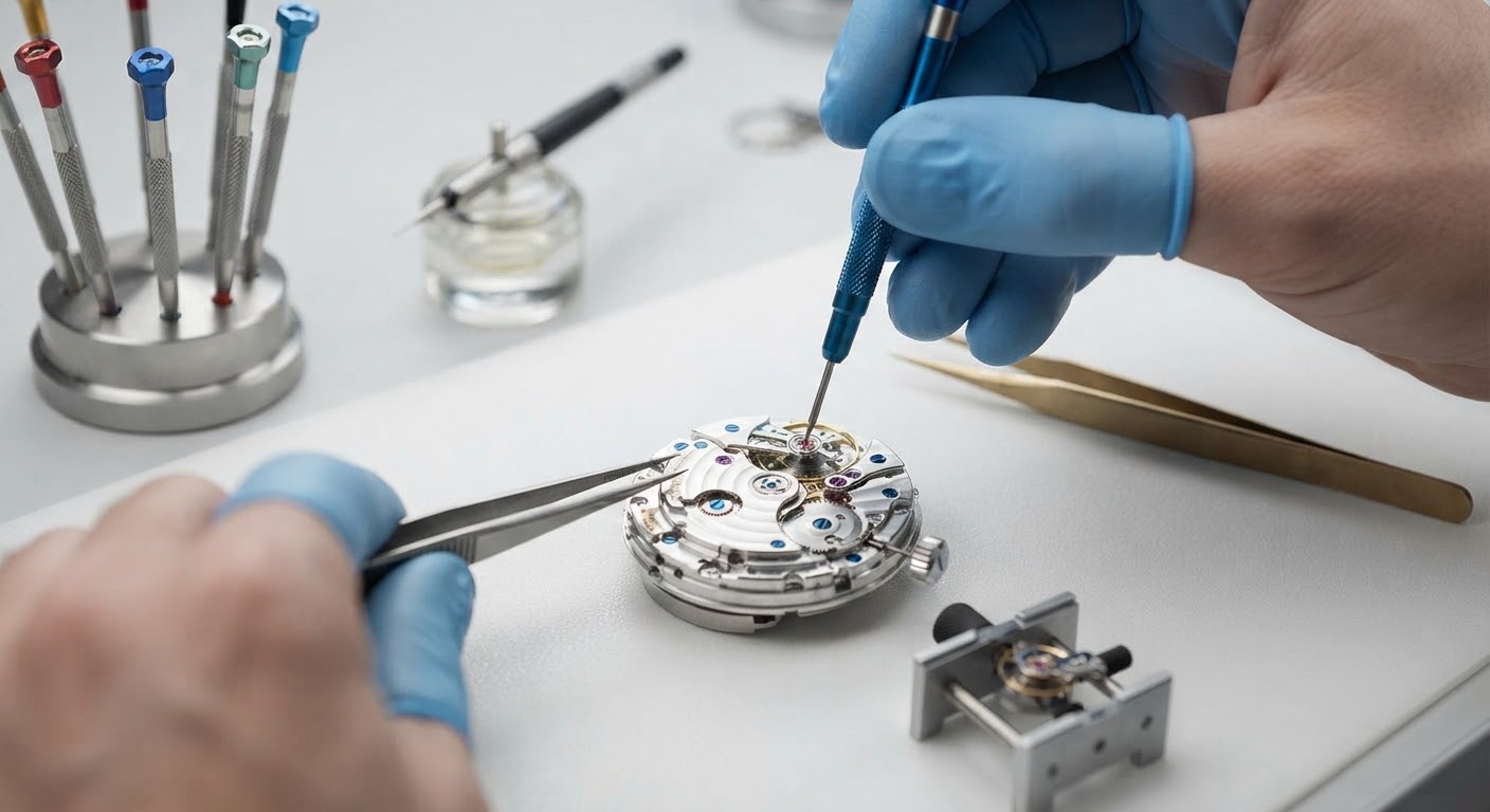 Close up shot of watchmakers hands using microscopic screwdrivers on an intricate mechanical movement balance spring, surrounded by precision oilers and clean white workshop surface