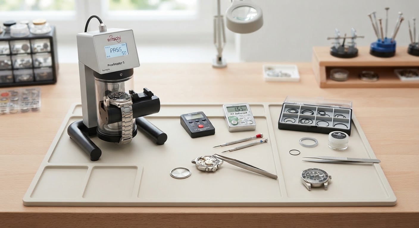Watch hermetic pressure testing equipment alongside Swiss quartz battery cell installation and rubber gasket replacement tools on a spotless jeweler work tray