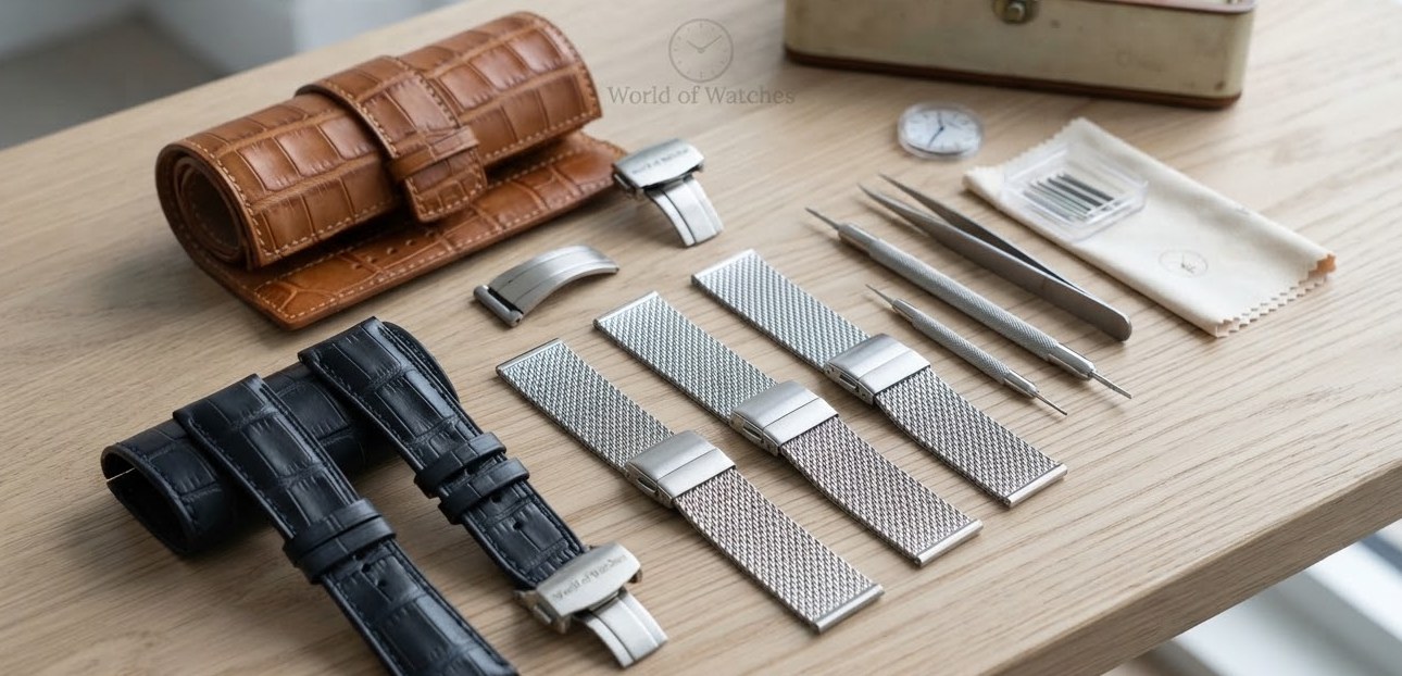 Assortment of handmade alligator leather straps in cognac and obsidian alongside fine stainless steel Milanese mesh bands, deployment clasps, and watch tools arranged artfully