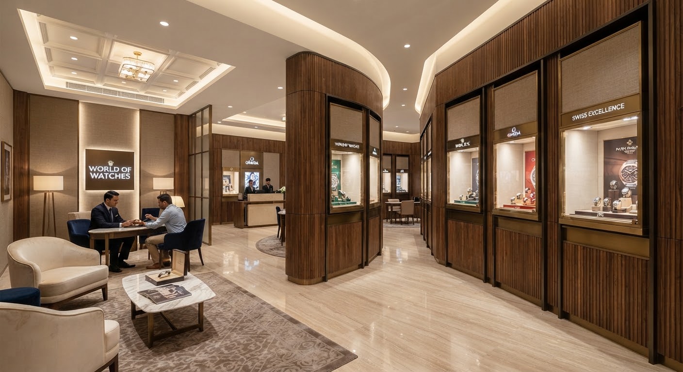 Luxury watch showroom interior with illuminated display vitrines and lounge seating