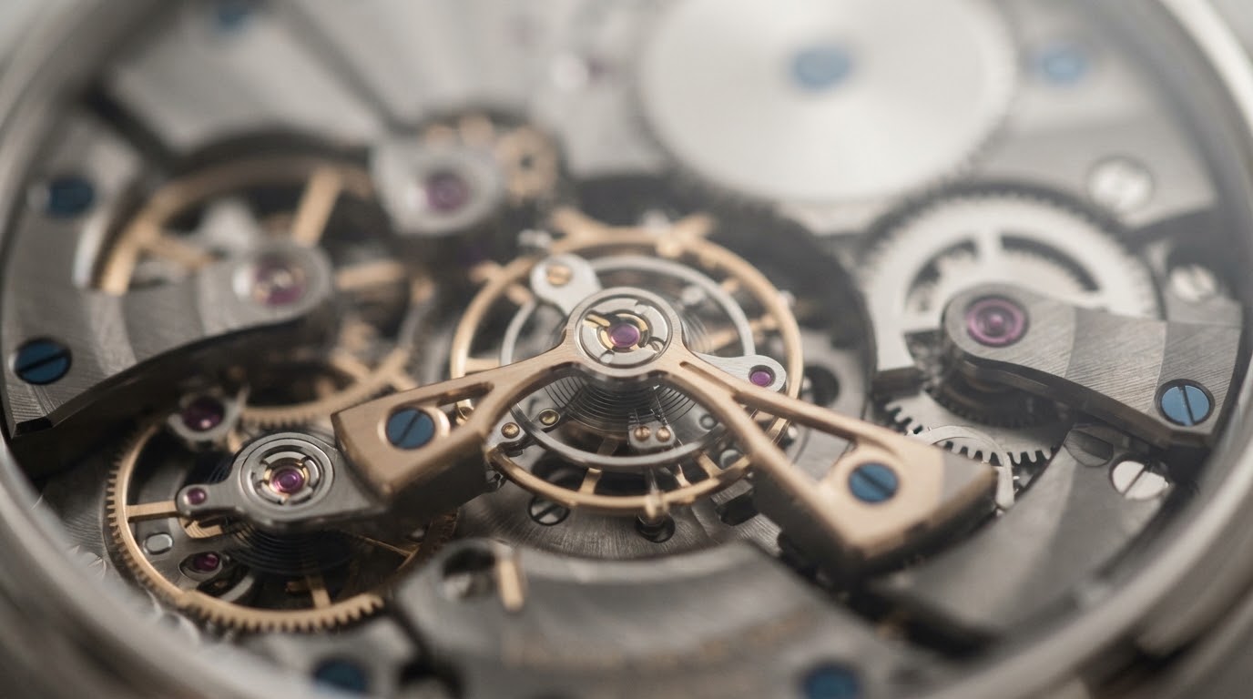 Abstract close up of mechanical watch gears and tourbillon cage with champagne gold accents in soft focused monochromatic luxury photography