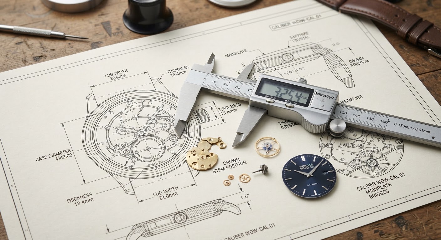 Watch caliber measurement calipers laid out over technical blueprint drawing of a wrist watch case with dials and crowns arranged neatly