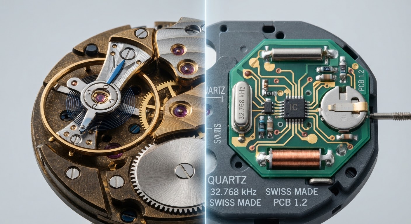 Split comparison photography showing side by side a complex mechanical watch escapement balance wheel and a clean precision quartz crystal circuit board