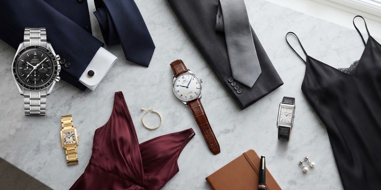 Elegant flatlay of mens and womens fine watches paired with bespoke tailored suit cuffs, silk ties, and minimalist evening dresses