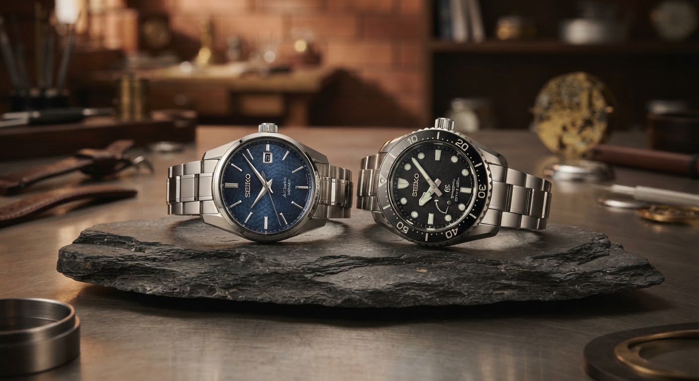 Curated Seiko Prospex Diver and Presage Timepieces on slate mount